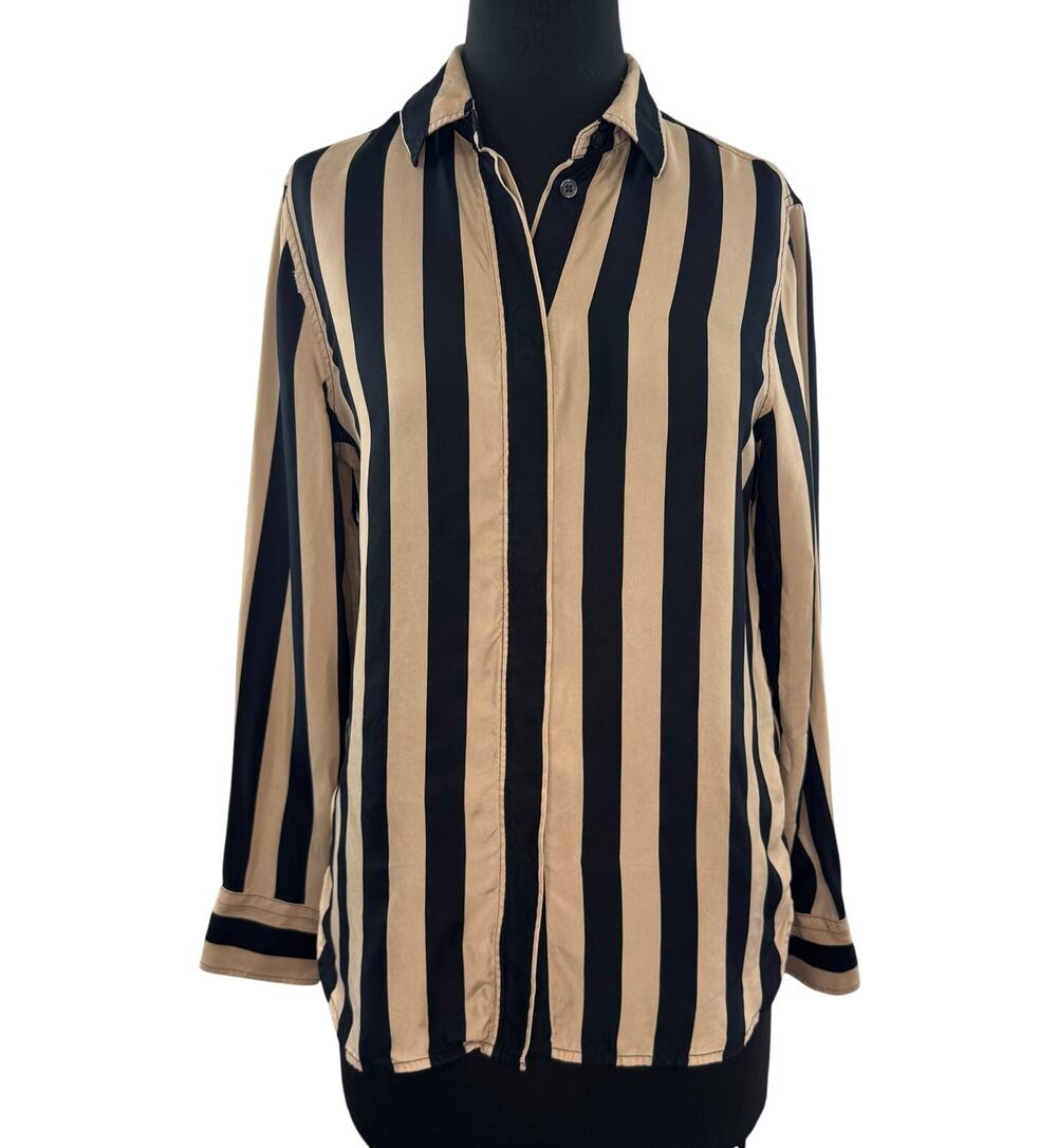 J.Crew Beige Black Shirt Wide Striped Collared Curved Hem Classic Button-Up Sz 4